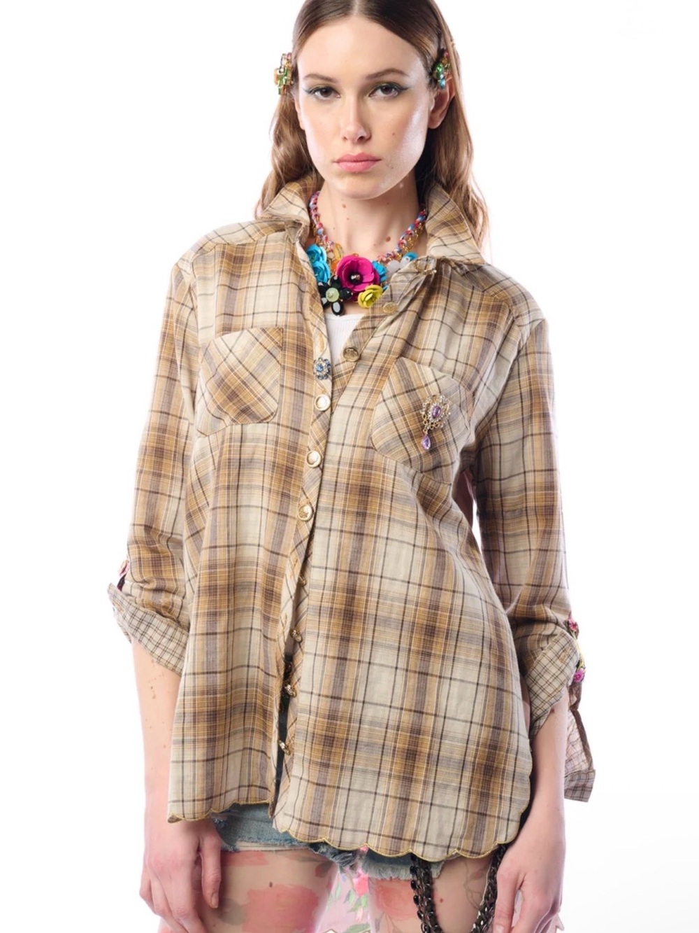 Aratta Plaid Jane Shirt in Beige,Brown,Gold with Floral Print. #Fall